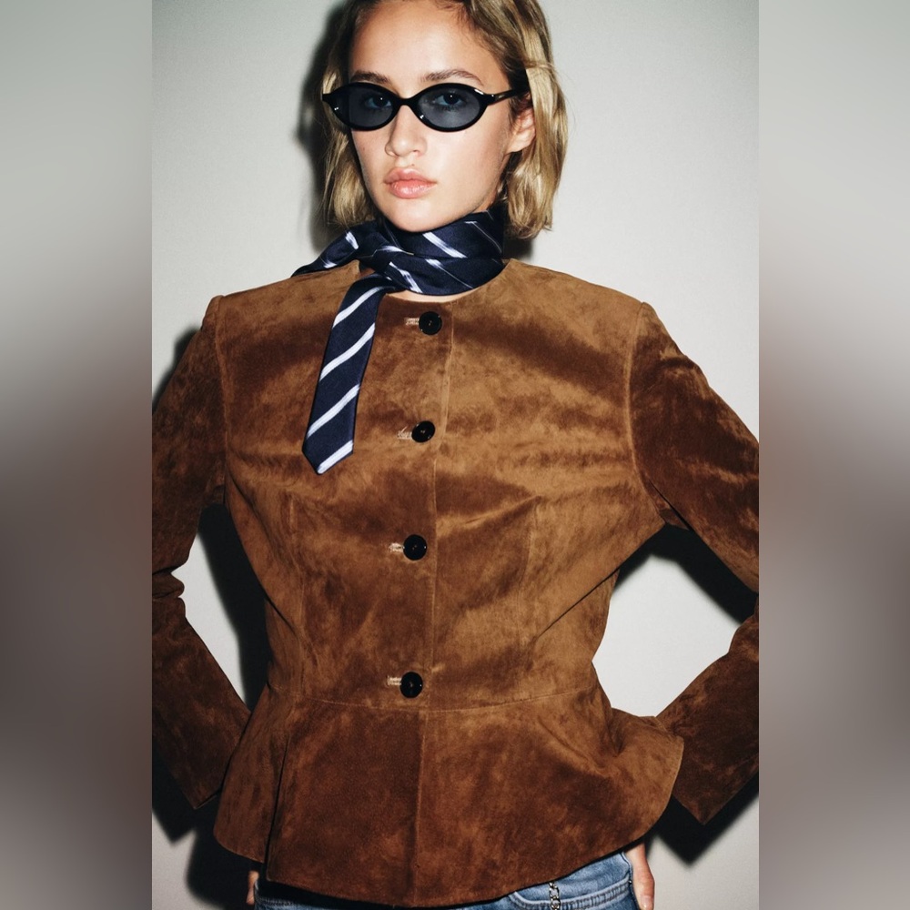 100% SUEDE LEATHER FLARED HEM JACKET - Picture 7 of 16